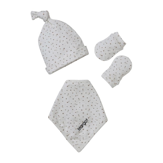 Ensemble bonnet + moufles + foulard + sac  imprimé écru <span itemprop=