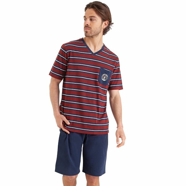 Pijama corto cuello de pico de algodón rayas burdeos + azul marino <span itemprop=