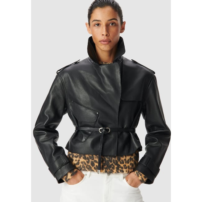Veste cuir bavolet et poche biais noir <span itemprop=