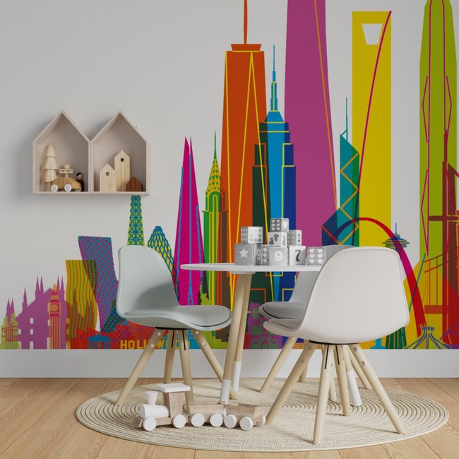 Papier peint panoramique de gratte-ciels et b timents iconiques - 340x260 cm (l x h) Couleur multicolore <span itemprop=