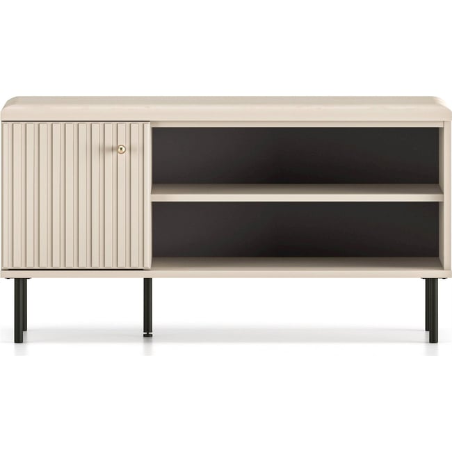 Meuble à chaussures avec assise CALETTO Couleur beige cachemire, poignée dorée et pieds noirs <span itemprop=