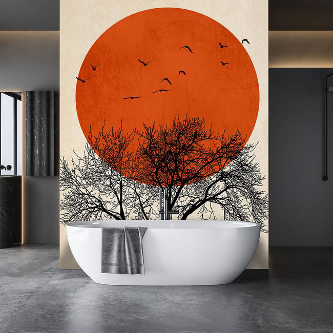 Papier peint graphique soleil rouge Couleur intissé <span itemprop=