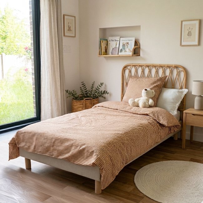 Parure de couette 1 personne coton bio vichy POM POUCE caramel <span itemprop=