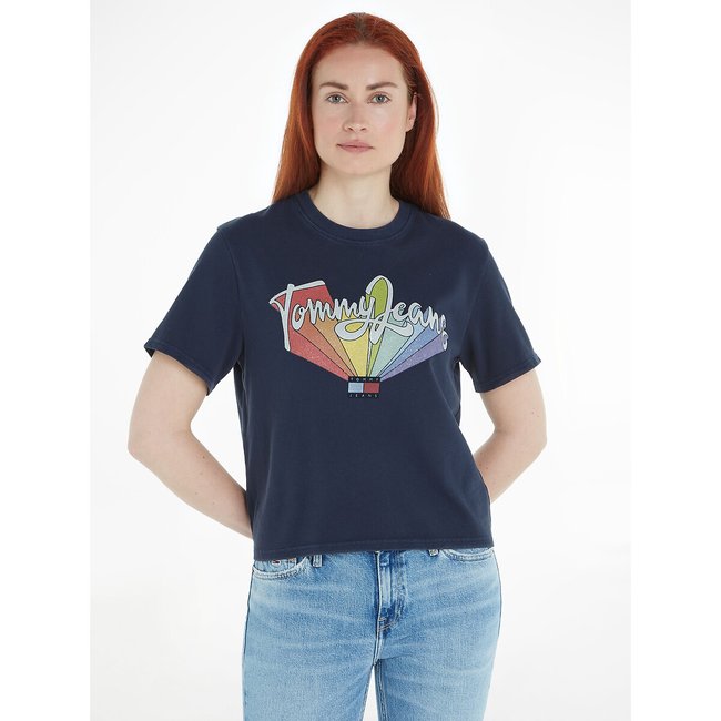 Logo Print Cotton T-Shirt with Short Sleeves and Crew Neck, navy, TOMMY JEANS