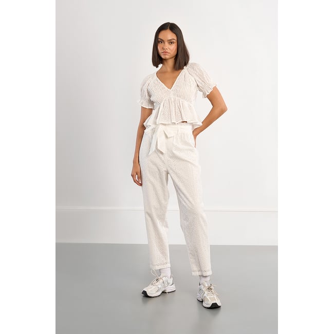 Pantalon coton, en broderie anglaise blanc <span itemprop=