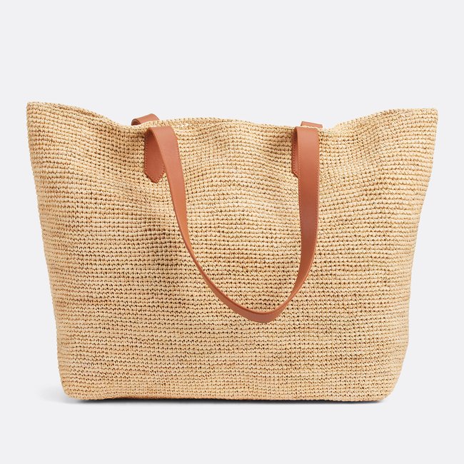 Sac cabas en raphia et anses en cuir  naturel <span itemprop=