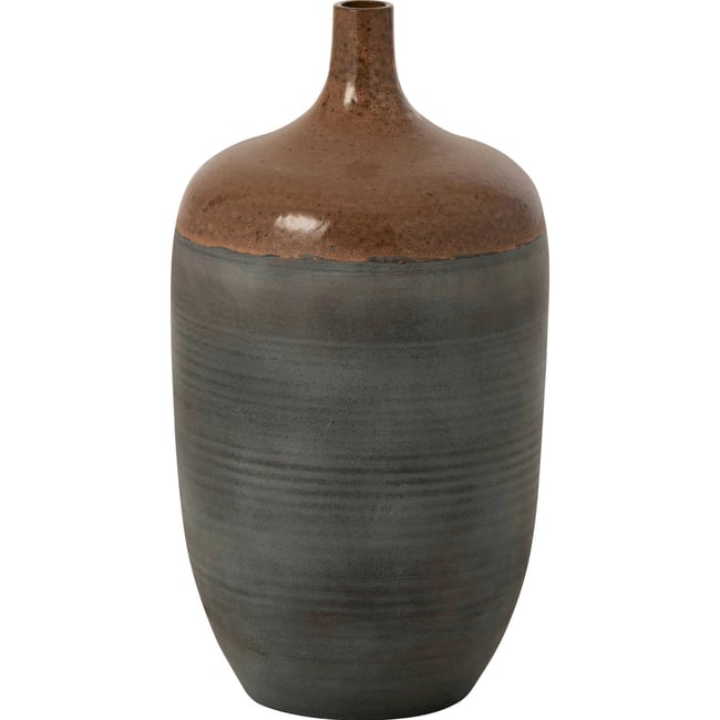 Vase bouteille en poterie fait main Couleur caramel et bleu gris <span itemprop=