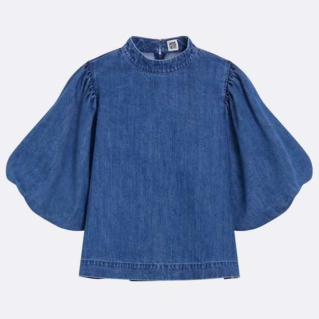 Blouse en jean à manches courtes bouffantes  bleu stone <span itemprop=