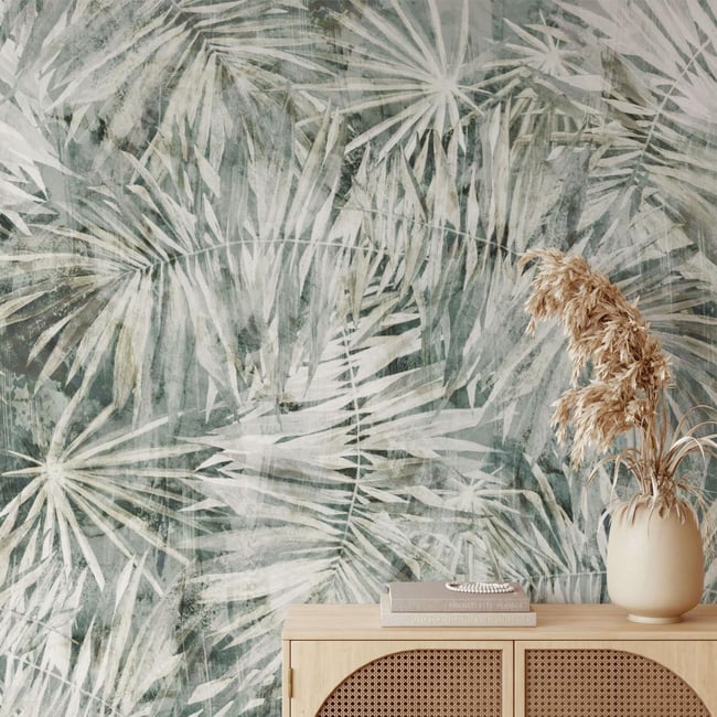 Papier peint végétal avec des feuilles de palmier raffinées - 425x260 cm (l x h) Couleur vert <span itemprop=