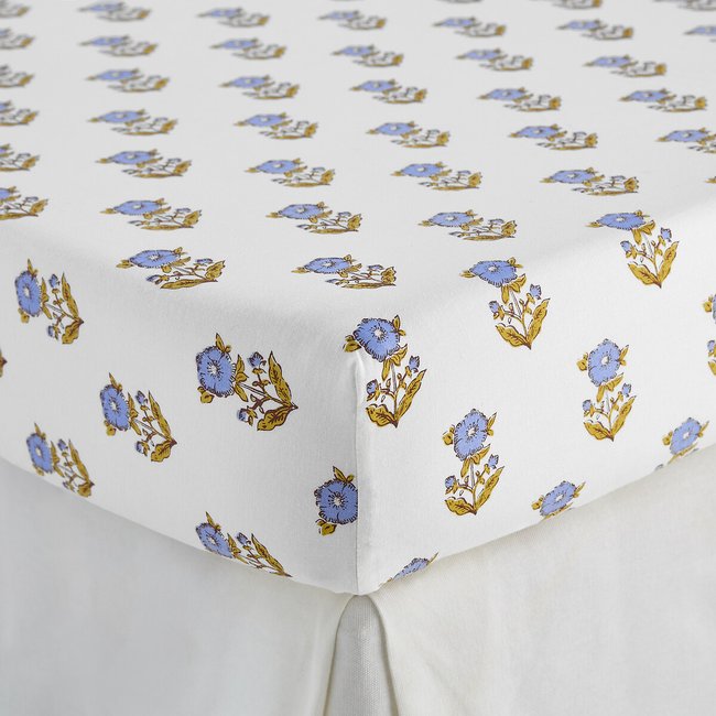 Drap-housse enfant, en coton lavé, imprimé fleurs, DIMANI imprimé fond écru <span itemprop=