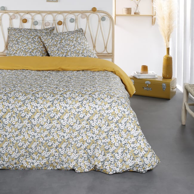Parure de lit 2 personnes imprimé floral coton SUNSHINE MARLEY bleu <span itemprop=
