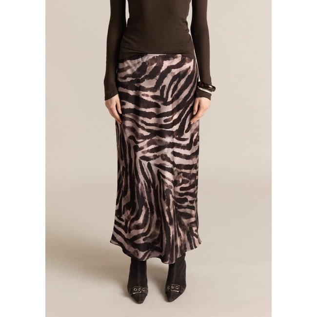 Jupe longue satinée zèbre marron <span itemprop=