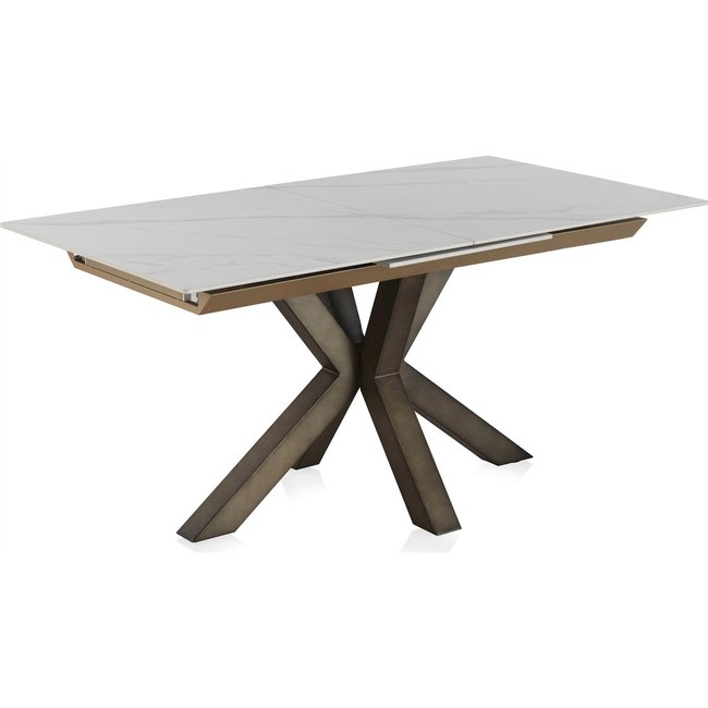 Table extensible blanche céramique effet marbre pieds cuivre Couleur blanc marbré et cuivre élégant <span itemprop=