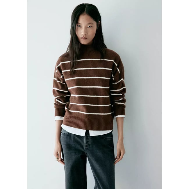 Pull-over rayures col montant marron <span itemprop=