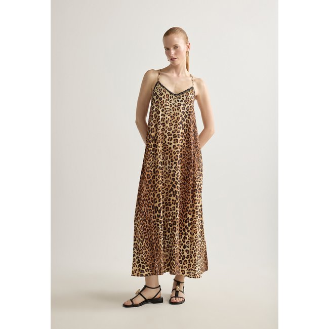 Robe longue imprimé léopard à bretelles et strass léopard <span itemprop=