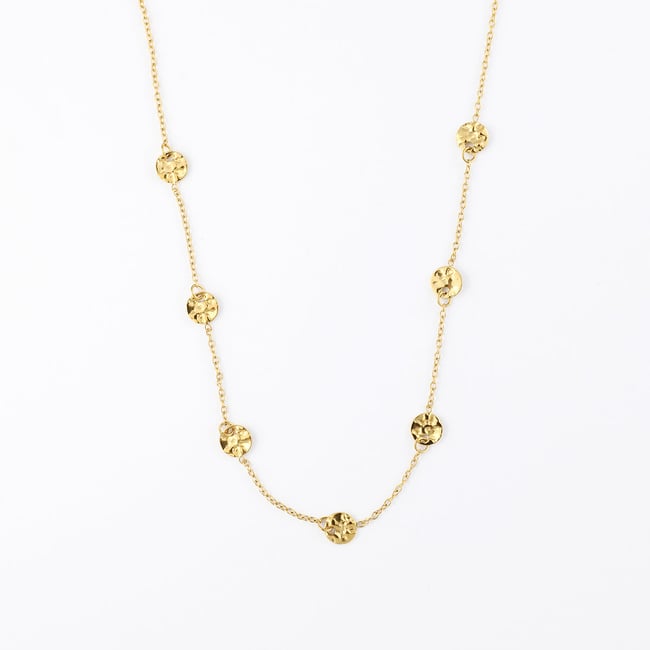 Collier chaîne fine avec disques martelés en acier inoxydable doré <span itemprop=