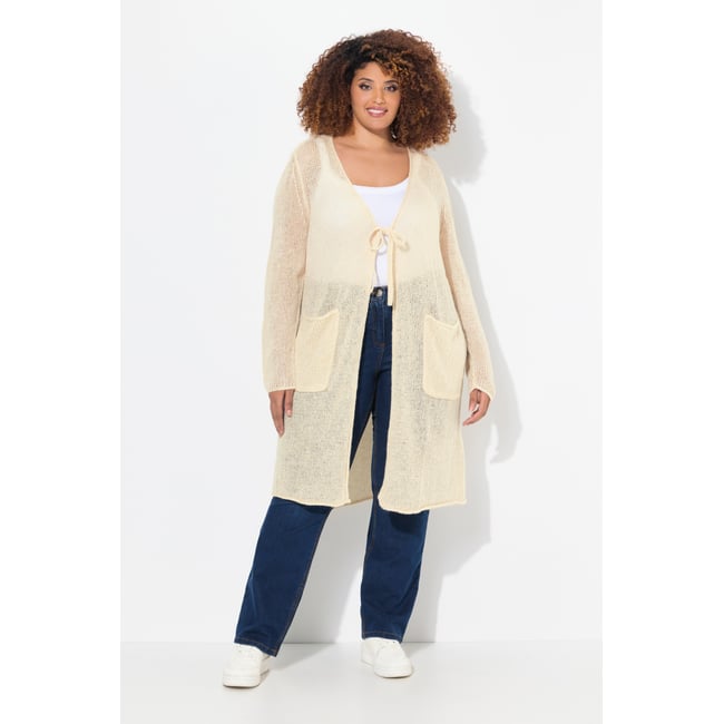 Long cardigan à encolure en V pop corn <span itemprop=