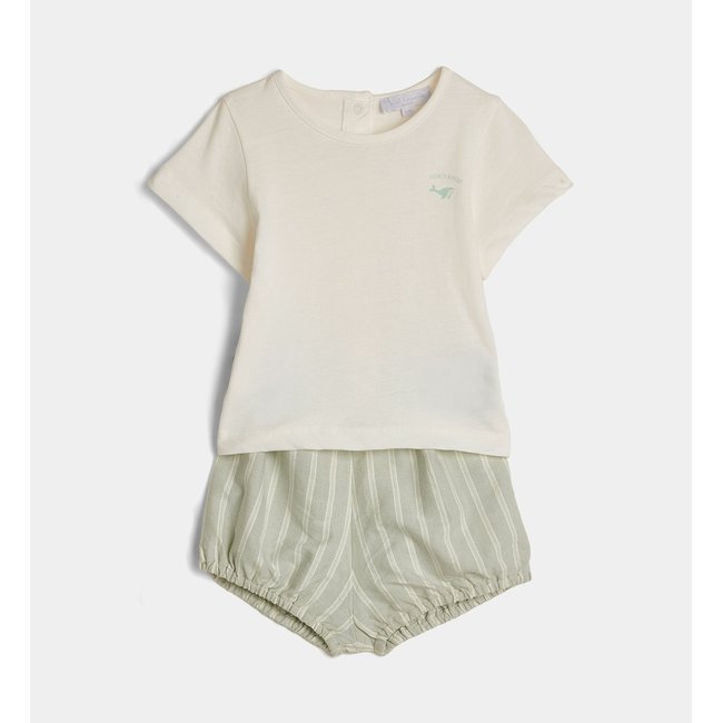 Ensemble T-shirt Et Culotte Bloomer Batthew Coton Bio écru et vert <span itemprop=