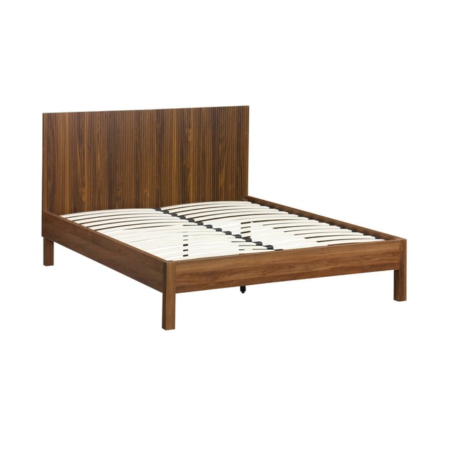 Lit avec sommier à lattes et tête de lit 140x190cm décor bois LINEAR Couleur noyer <span itemprop=