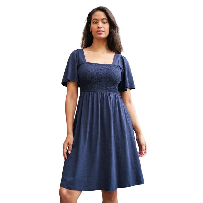 Robe mi-longue motif/style froncé HYDRA bleu marine <span itemprop=