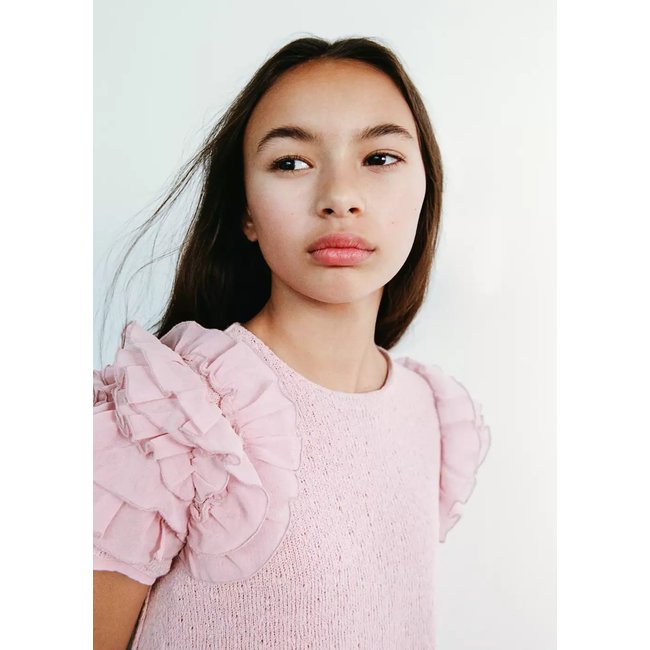 Robe en maille détail à volants rose <span itemprop=