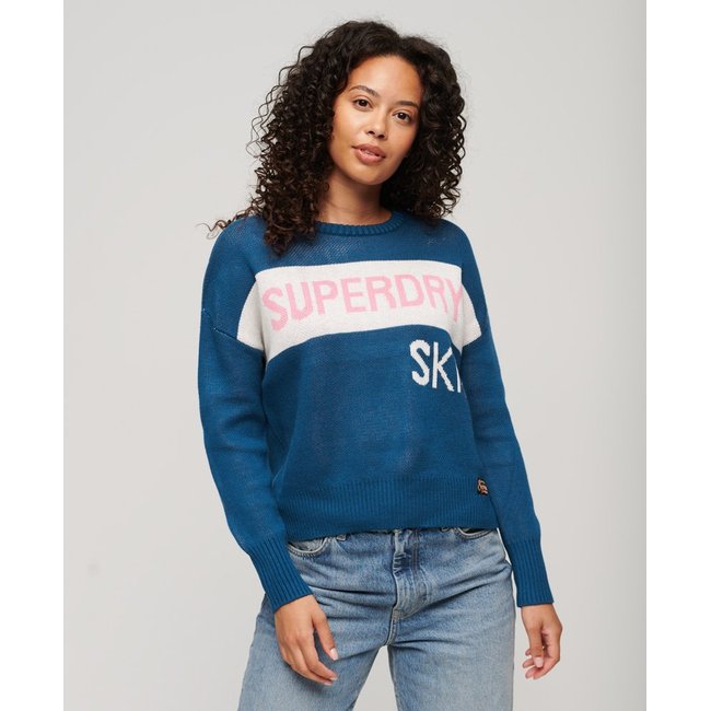 Pull de ski rétro en maille indigo véritable <span itemprop=