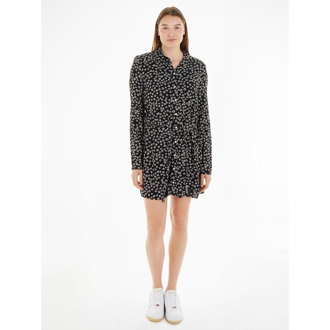 Vestido camisero corto de flores negro <span itemprop=