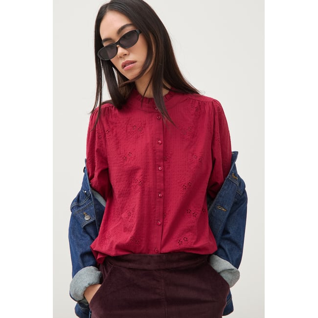 Chemise ample en coton manches longues bordeaux <span itemprop=