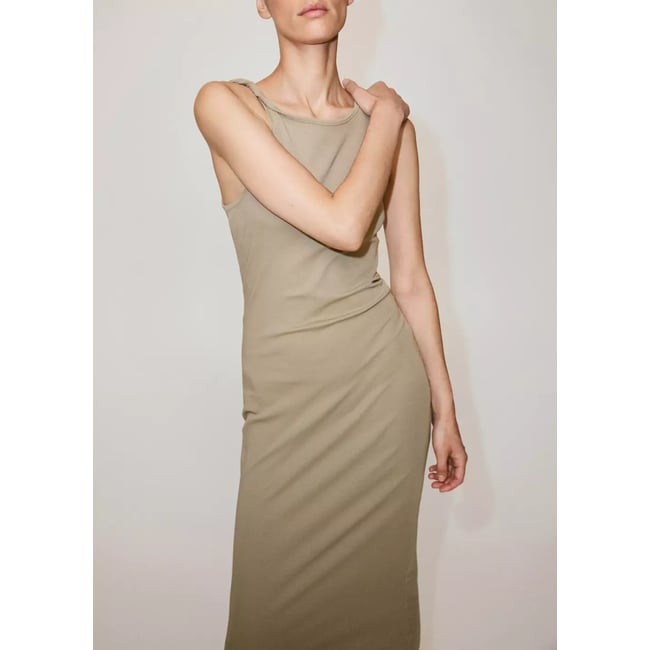 Robe en coton à bretelles drapées kaki <span itemprop=