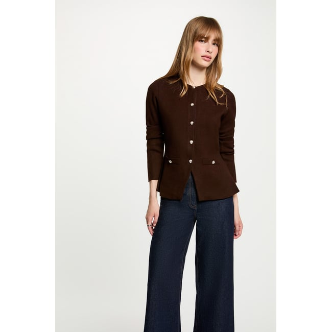 Gilet col rond marron foncé <span itemprop=