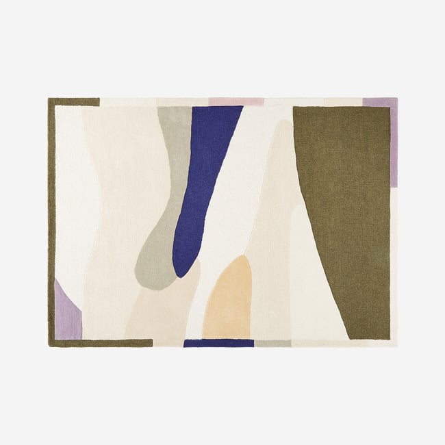 Tapis de salon laine AUBIN Couleur kaki, bleu roi, beige, multicolore <span itemprop=