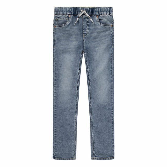 Jeans jogger com cós elástico azul desbotado <span itemprop=