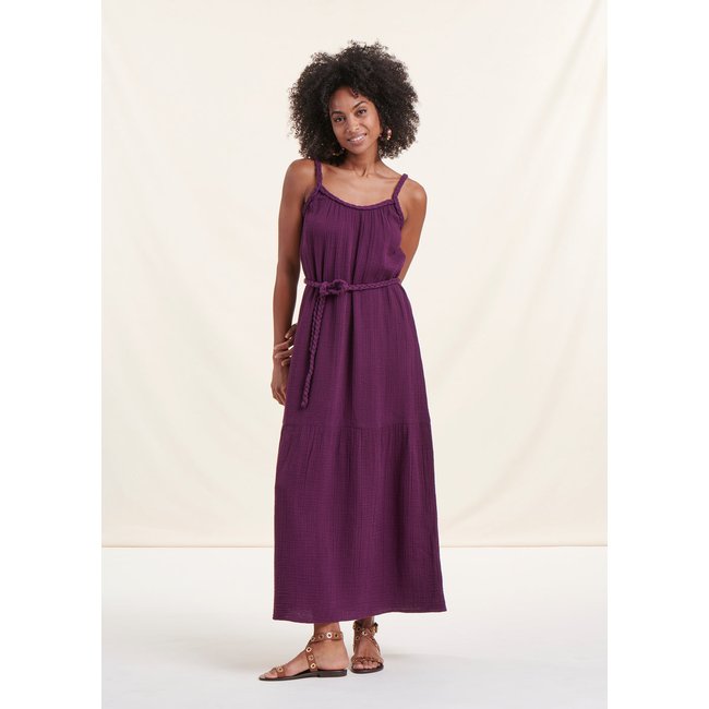 Robe longue à bretelles en gaze de coton prune <span itemprop=