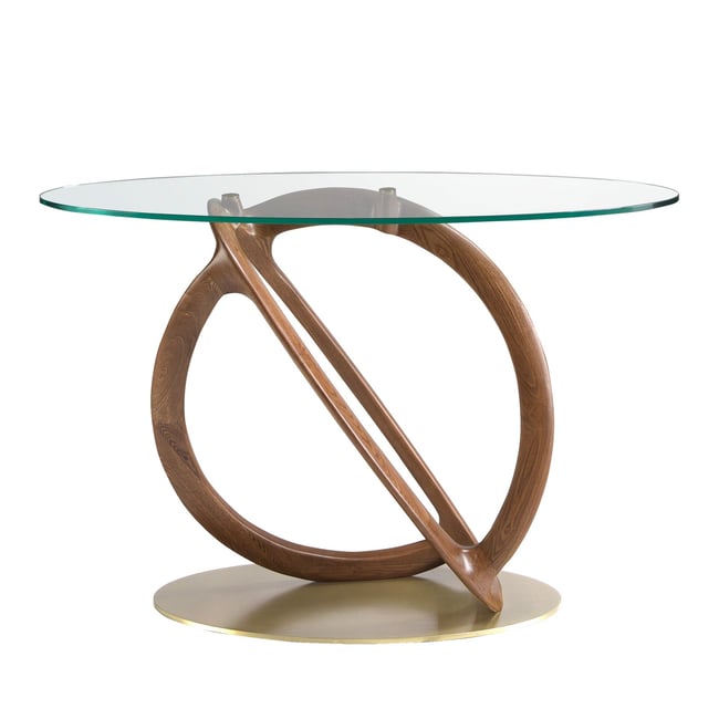 Console ovale verre trempé, noyer et acier poli Couleur crystal | noyer | or <span itemprop=