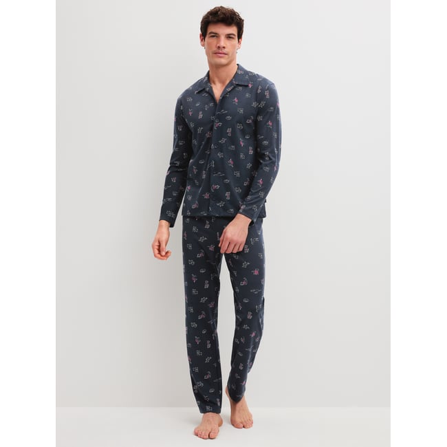 Pyjama boutonné manches longues Coton FAMILY & FRIENDS saphir foncé <span itemprop=