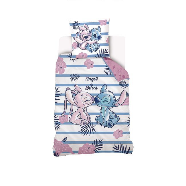 Parure de lit coton, fleurs Disney Angel et Stitch rose <span itemprop=