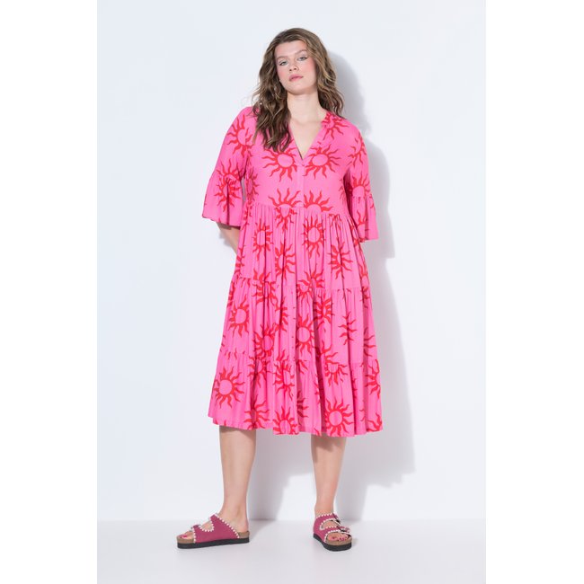 Robe longue, coupe trapèze, imprimé soleil rose vif <span itemprop=