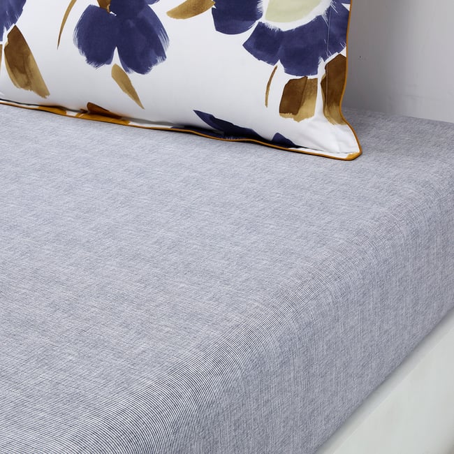 Drap housse en percale de coton gris, HEURE BLEUE multicolore <span itemprop=