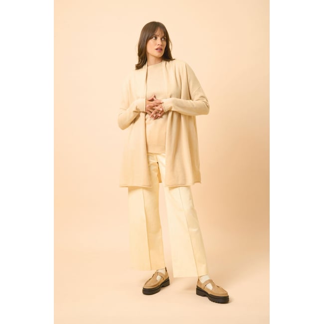 Gilet Long Ouvert Col Châle Sable Maddie beige <span itemprop=