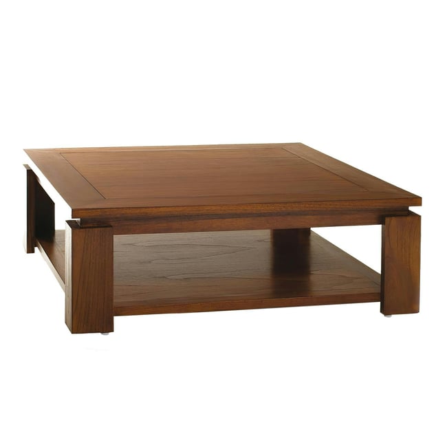 Table basse carrée 90cm style exotique double plateau bois mindi verni LOLA Couleur bois naturel <span itemprop=
