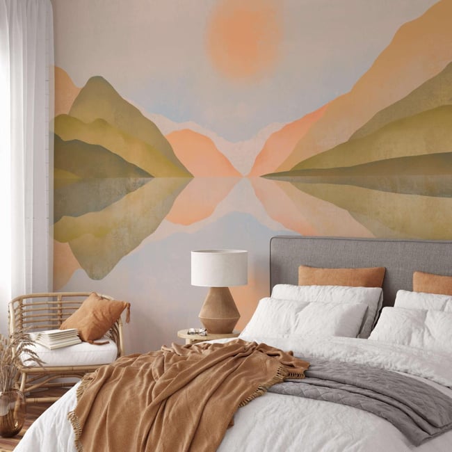 Papier peint panoramique et moderne avec paysage de montagnes - 340x260 cm (l x h) Couleur orange <span itemprop=