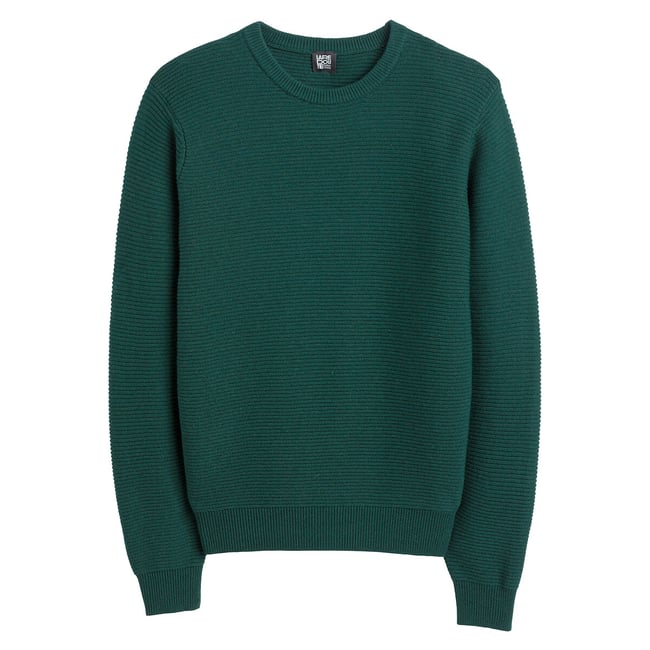 Merino Blend Ribbed Jumper with Crew Neck, deep green, LA REDOUTE COLLECTIONS