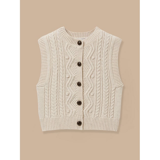 Cardigan torsadé sans manches ecru chine <span itemprop=