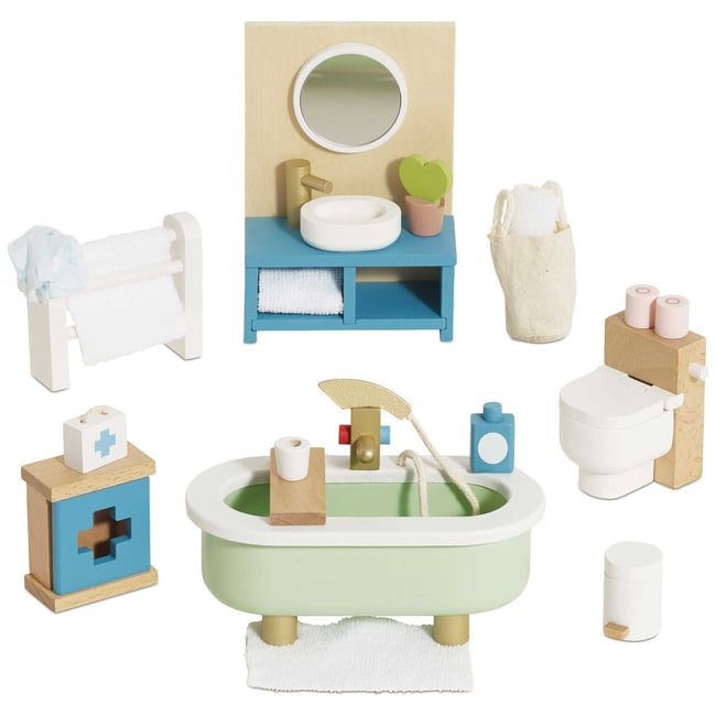 Salle de bain pour maison de poupée vert, bleu, blanc <span itemprop=