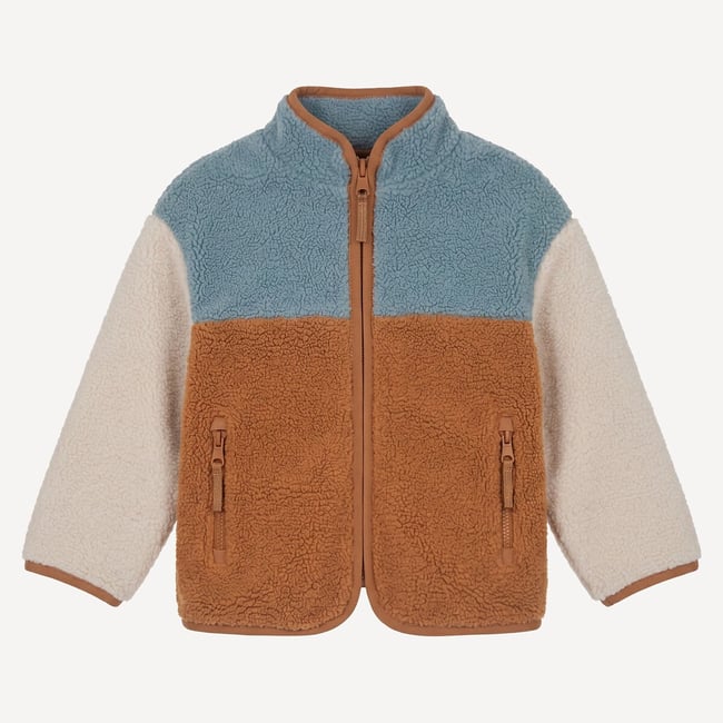 Gilet color block, col montant, zippé, en sherpa camel/bleu <span itemprop=