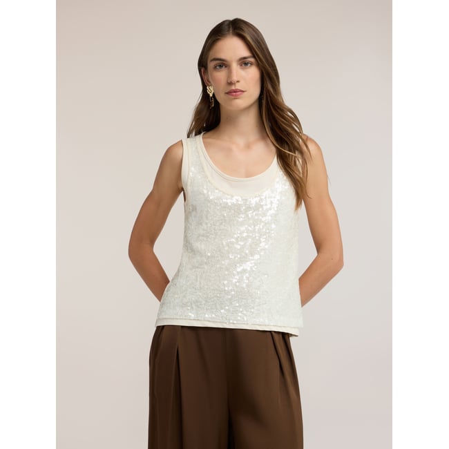 Top entièrement pailleté beige <span itemprop=