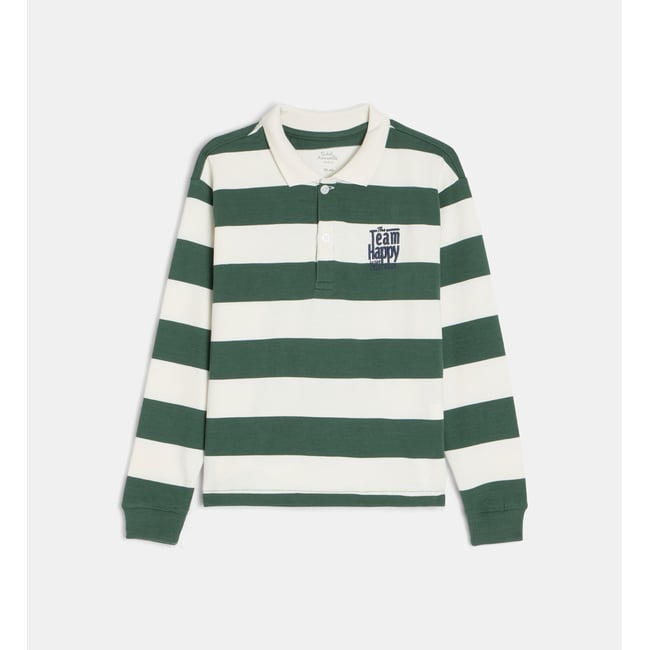 Polo tatounet à manches longues en coton bio écru et vert <span itemprop=
