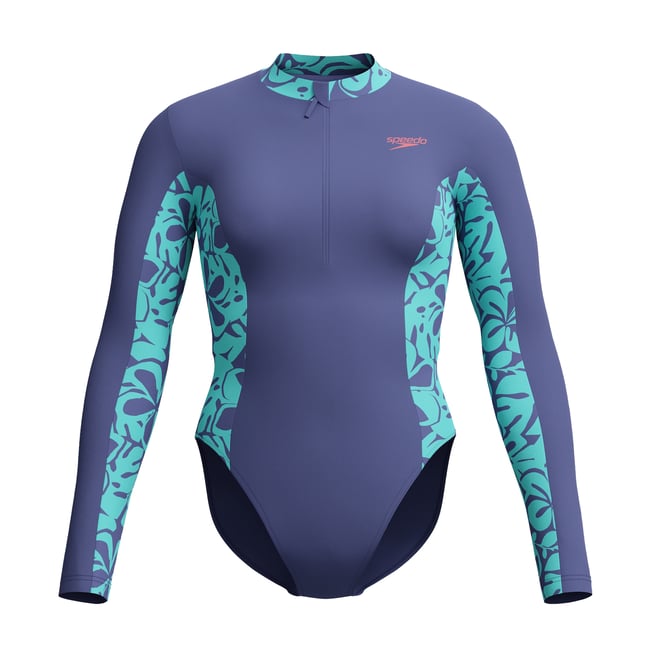 Maillot de bain 1 pièce à manches longues et col montant zippé motif/style panneau décoratif bleu <span itemprop=