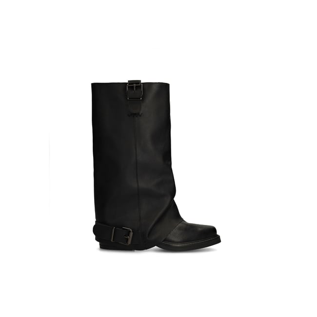 Bottines motardes en cuir avec rabat noir <span itemprop=