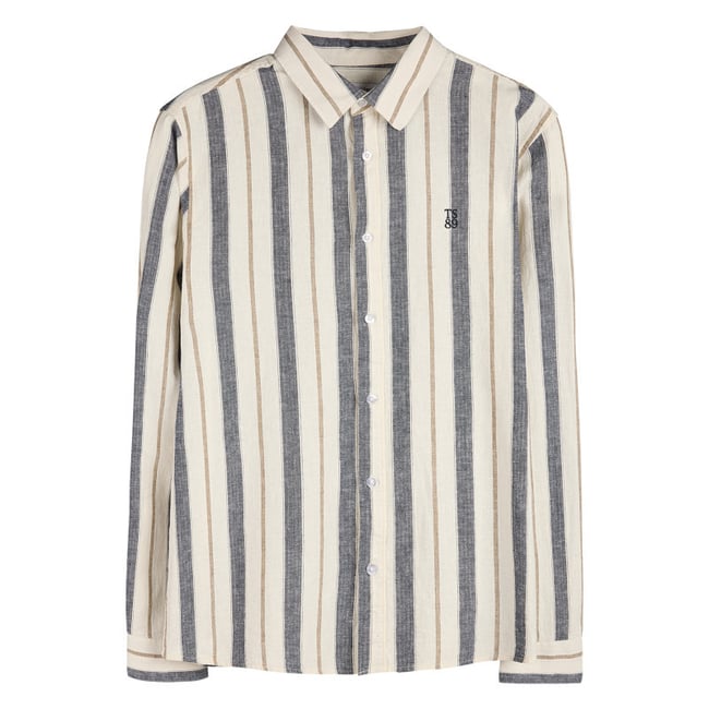 Chemise beige et grise en lin et coton ornée d'un motif à rayures multicolore <span itemprop=